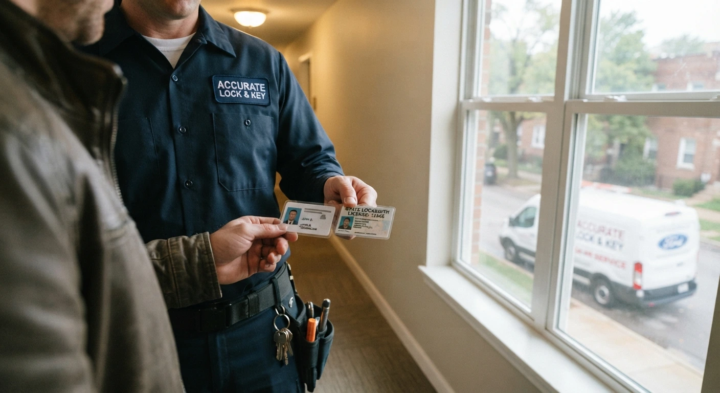 Locksmith showing ID and license to a customer to verify legitimacy before starting lockout service