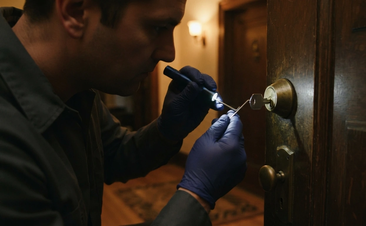 Locksmith diagnosing a jammed door lock where the key turns but the door won't open