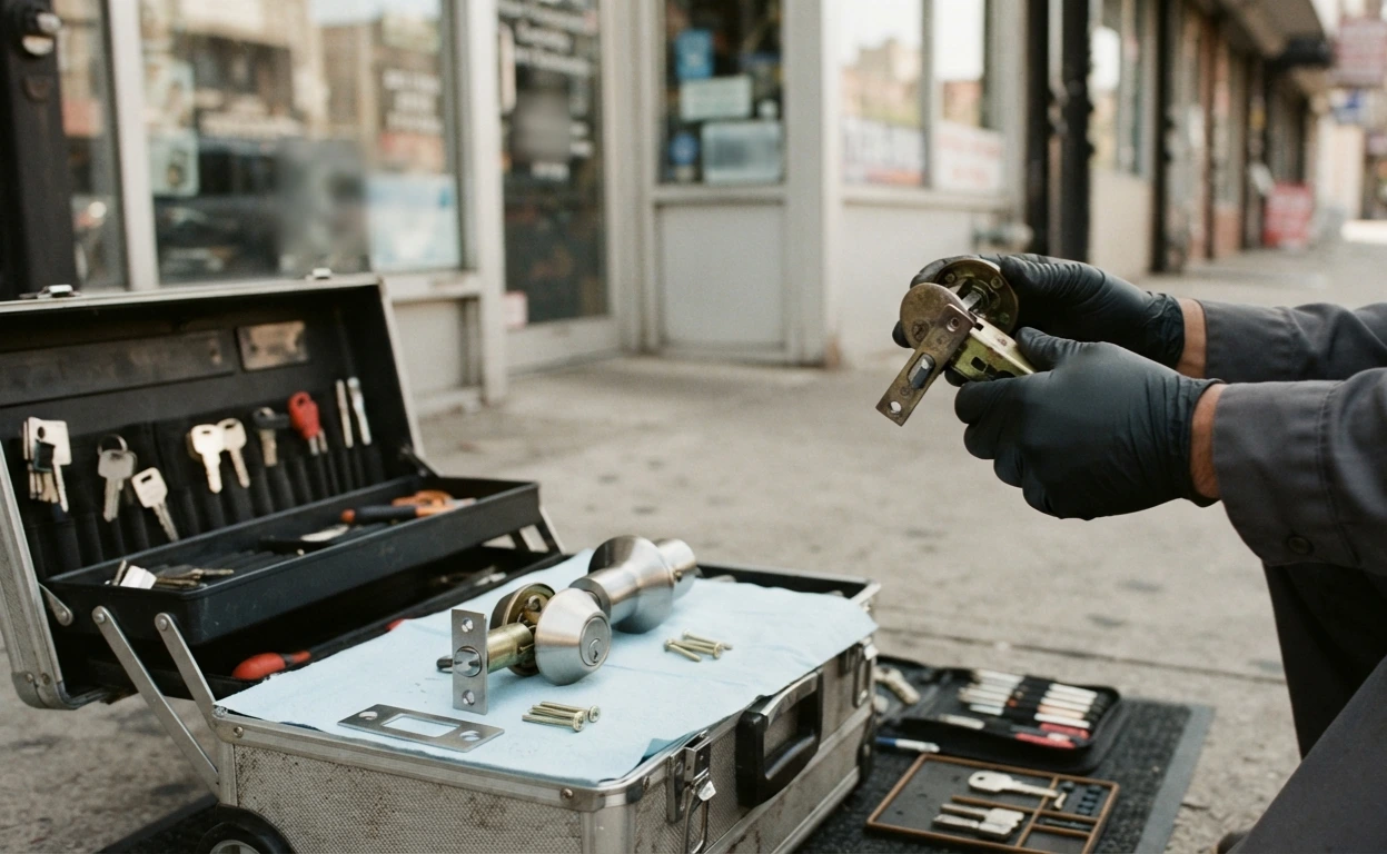 Locksmith comparing commercial lock repair versus full replacement on a storefront door in NYC