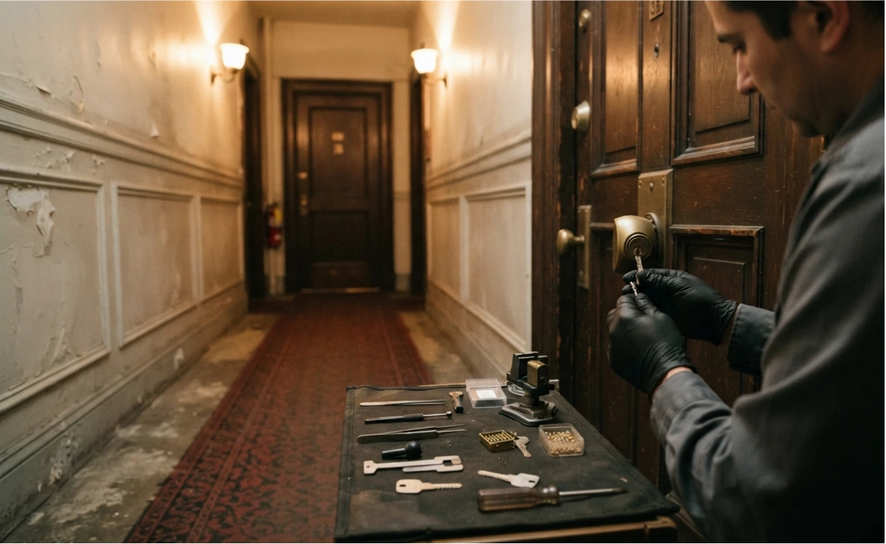 Locksmith rekeying an apartment door lock for a new NYC tenant