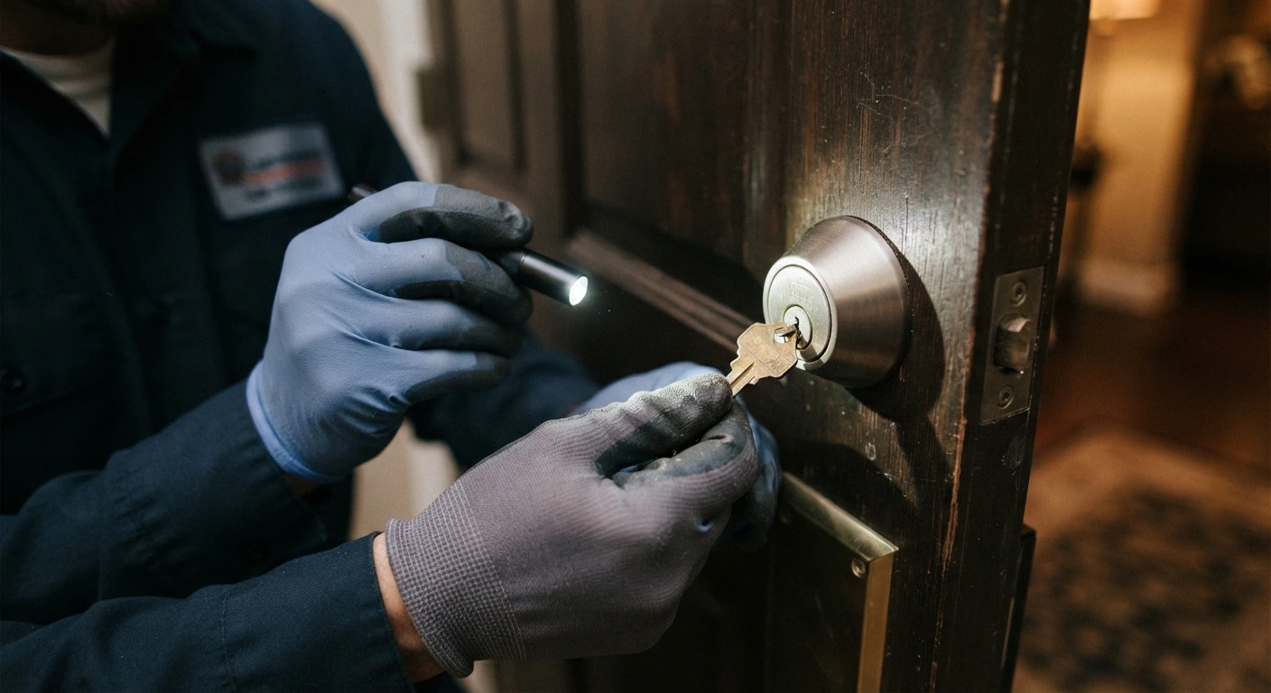 Locksmith diagnosing a jammed deadbolt lock that suddenly stopped working