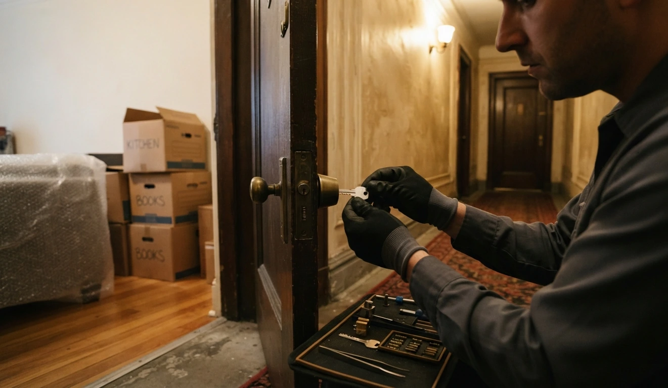 Locksmith rekeying an apartment door lock after a tenant moves into a NYC building